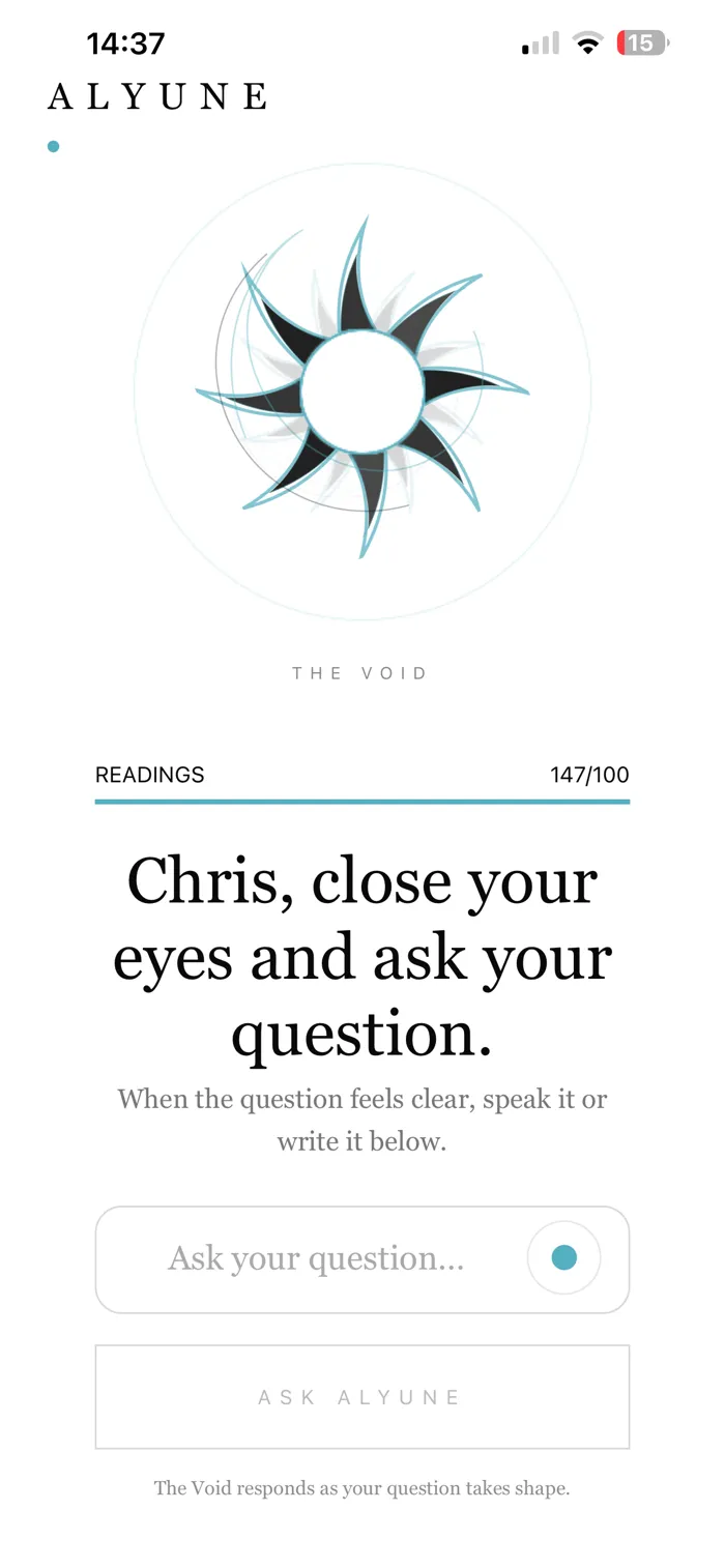 Real ALYUNE app screenshot of ASK ALYUNE